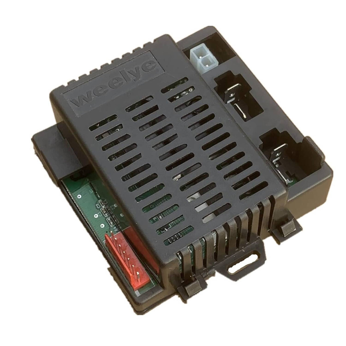Weelye Rx23 12V receiver mainboard angled with black housing and mounting tabs