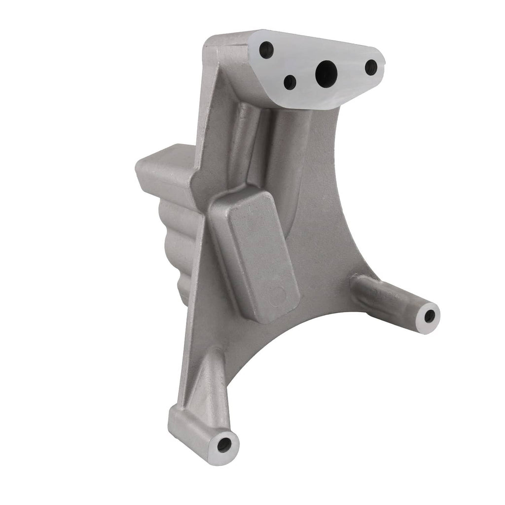 Turbo exhaust housing pedestal with smooth outer casting and bolt holes, silver finish