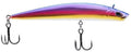 Fishing jerk bait, purple-to-gold, with two treble hooks