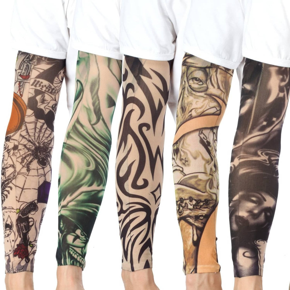 Tattoo arm sleeves with assorted grayscale and colored ink patterns, long elastic fit