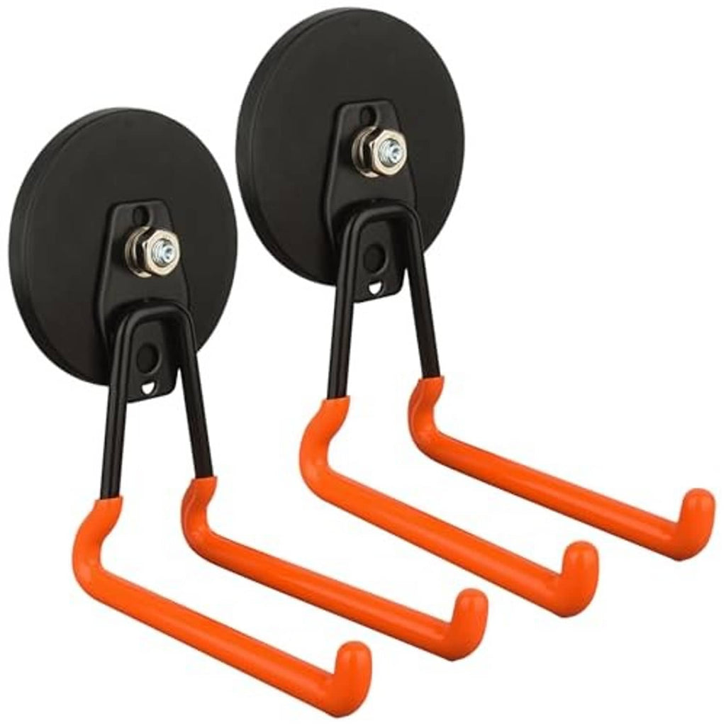 Two orange-and-black magnetic tool holder hooks with round bases and hanging arms