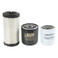 Oil change set filters: pleated air filter and two round oil/fuel filters, black and white
