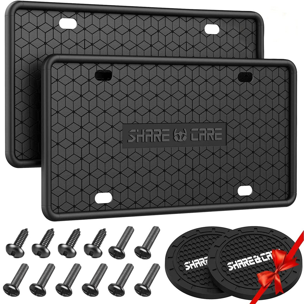 Black silicone front-and-back license plate frames, textured hex pattern, 2-pack.