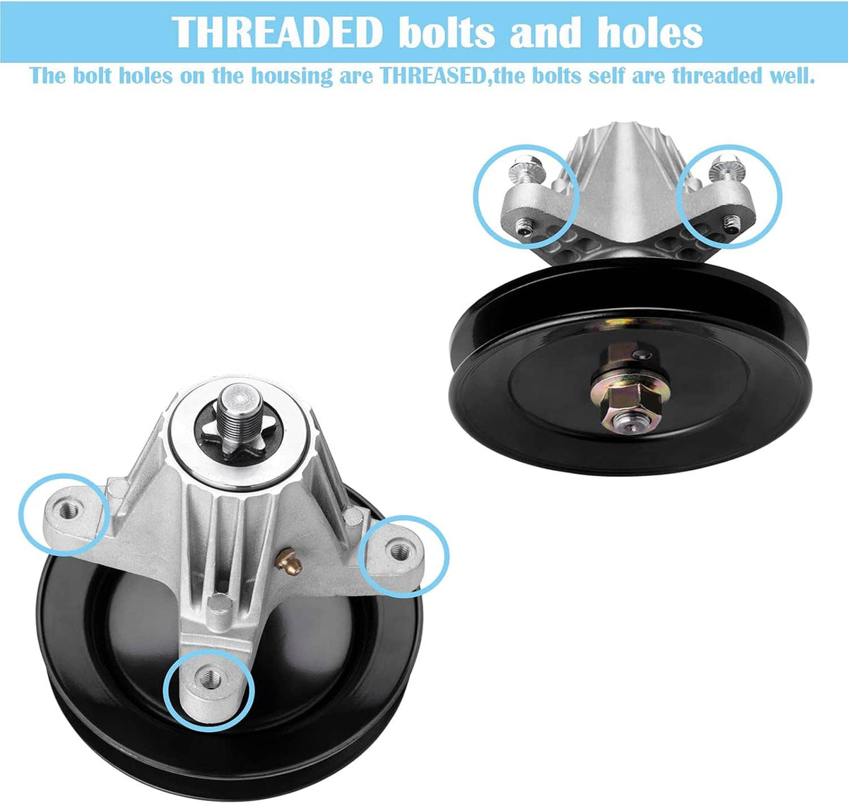 Lawn mower deck spindle assembly with mounting holes and threaded bolt positions