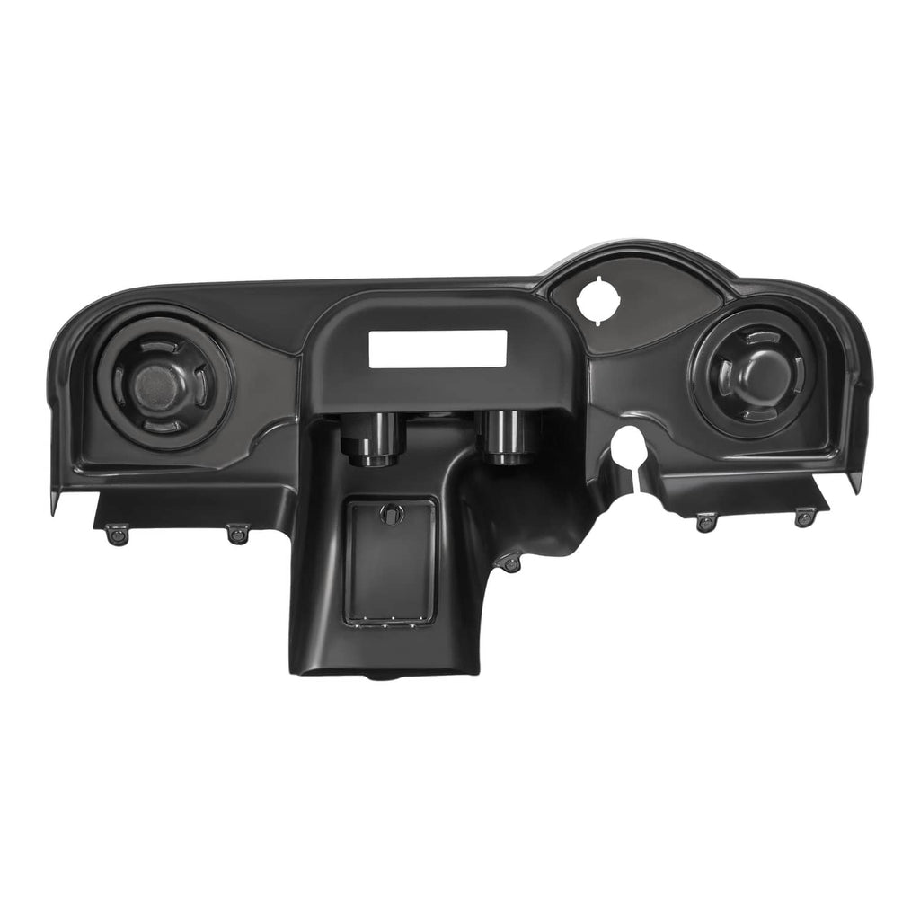 Golf cart dash cover with radio face, two speaker openings, and center display cutout