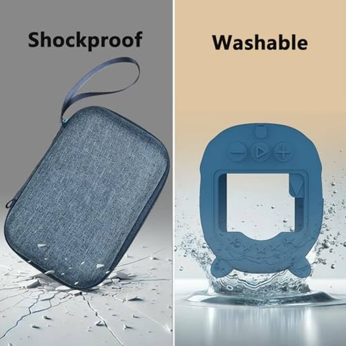 Blue zip hard case with strap and silicone cover with visible water droplets