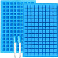 Blue silicone candy mold tray with square cube cavities and two matching tools