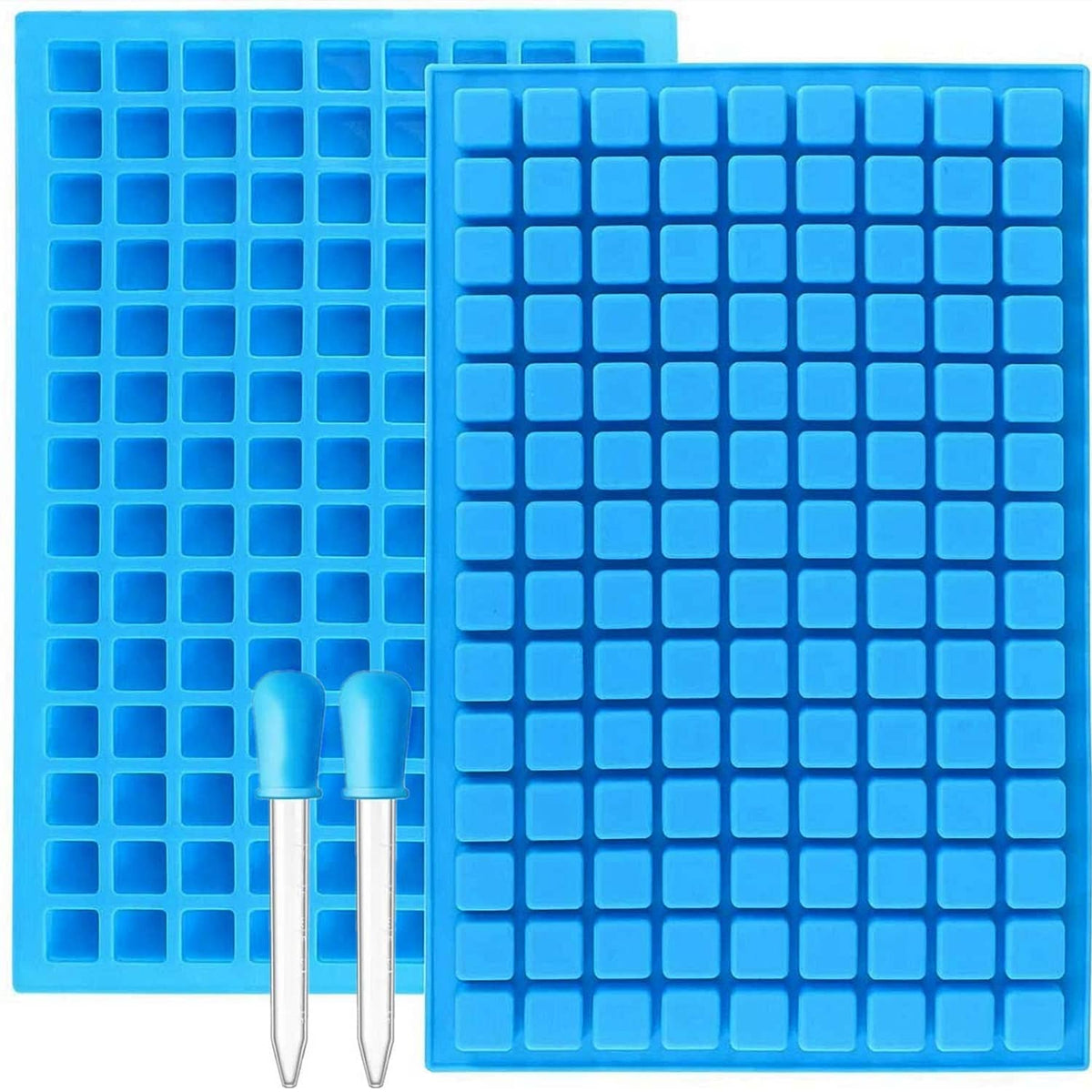 Blue silicone candy mold tray with square cube cavities and two matching tools