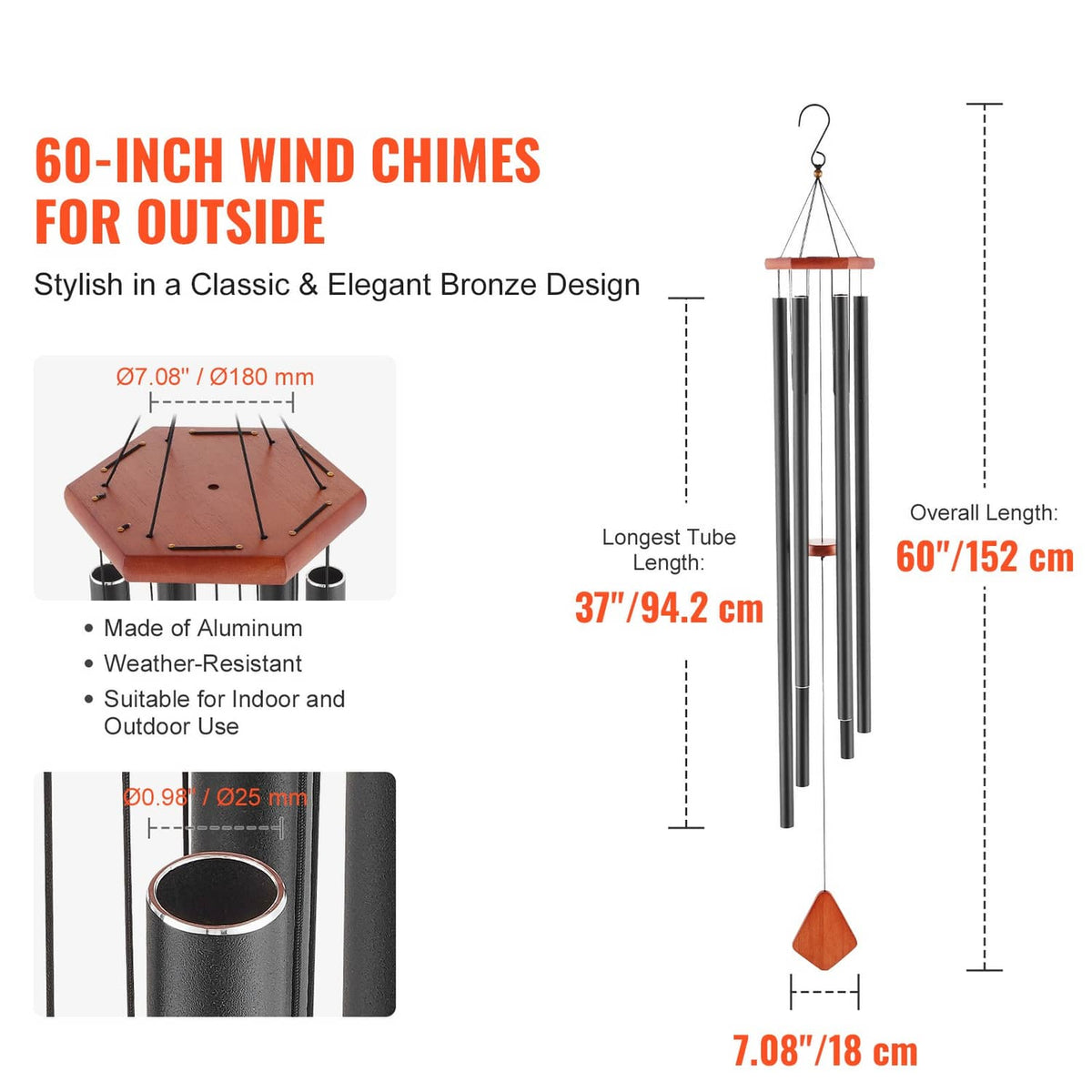 60-inch outdoor wind chimes with four aluminum tubes and hanging diamond ornament
