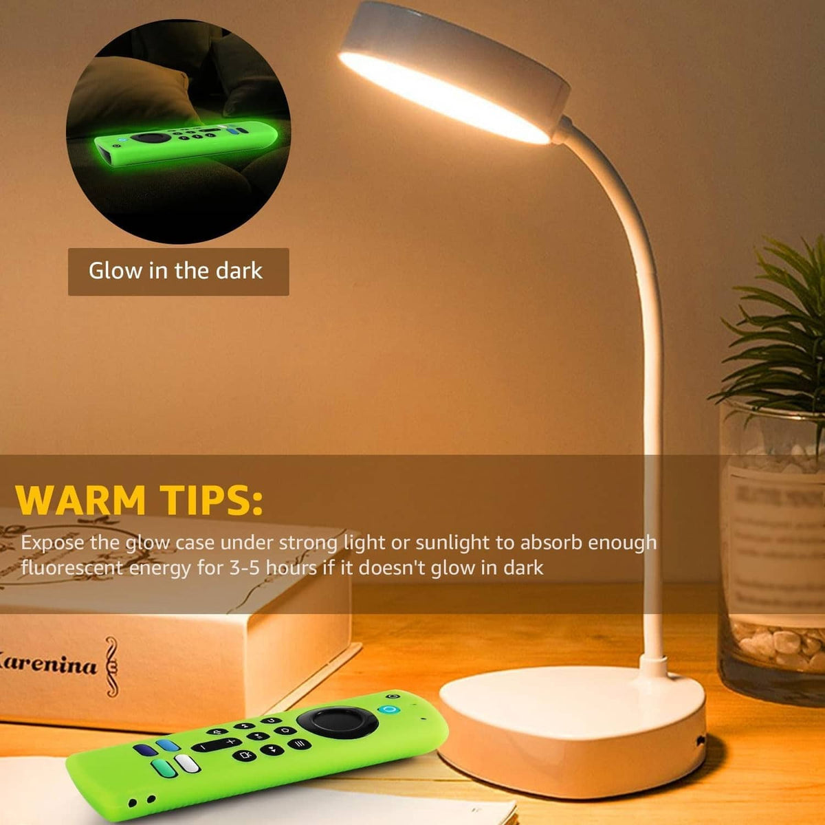 Glow-in-the-dark neon green remote cover under warm lamp light at night