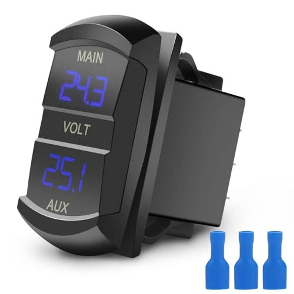 Black dual digital voltmeter gauge with blue LED MAIN and AUX readings