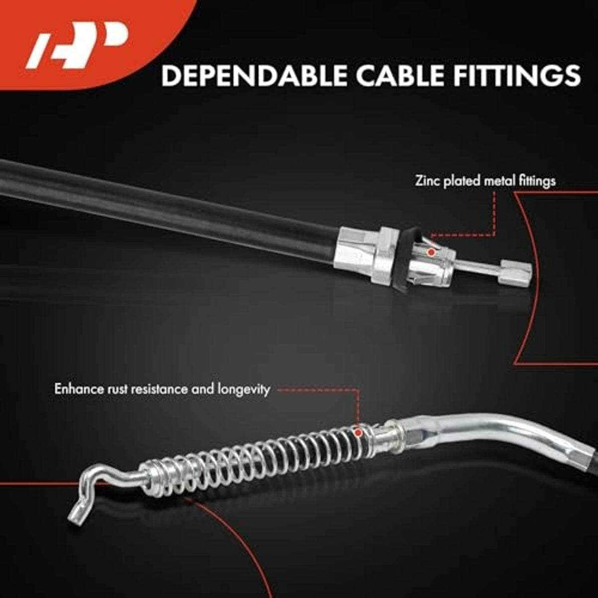 Parking brake cable with zinc-plated metal coupler fittings and spring tension section