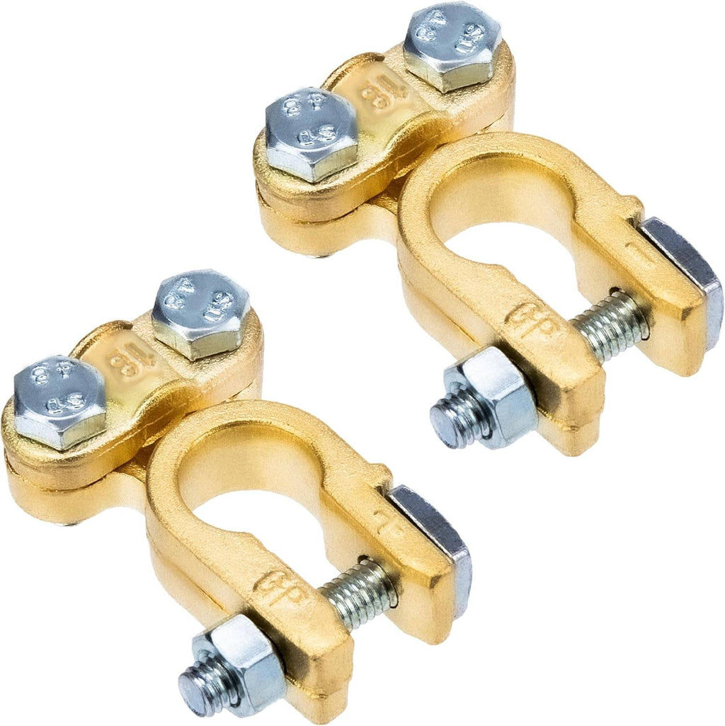 Two gold battery terminal connectors with hex bolts for car battery posts