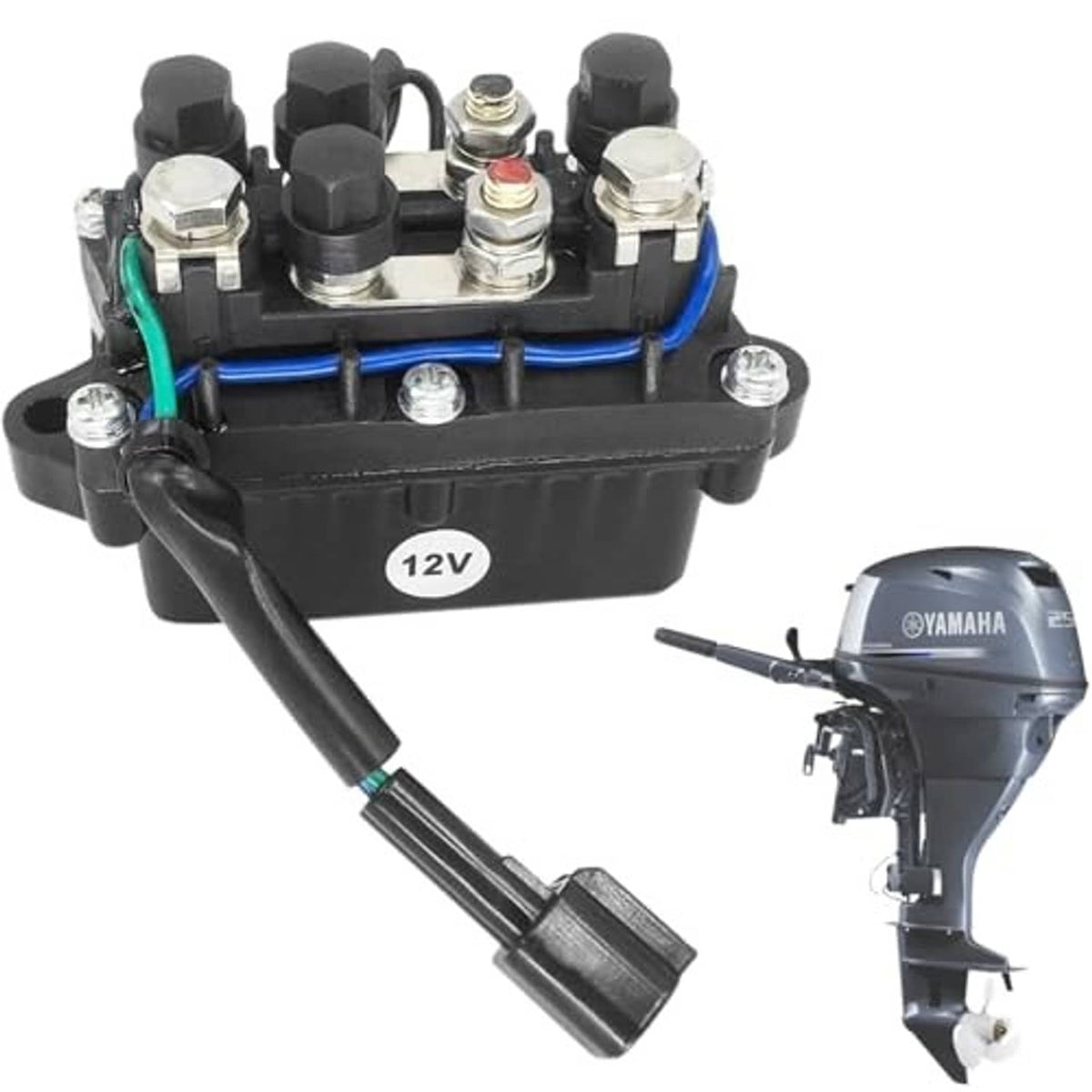Black 12V tilt-trim relay module with terminals and wire harness connector