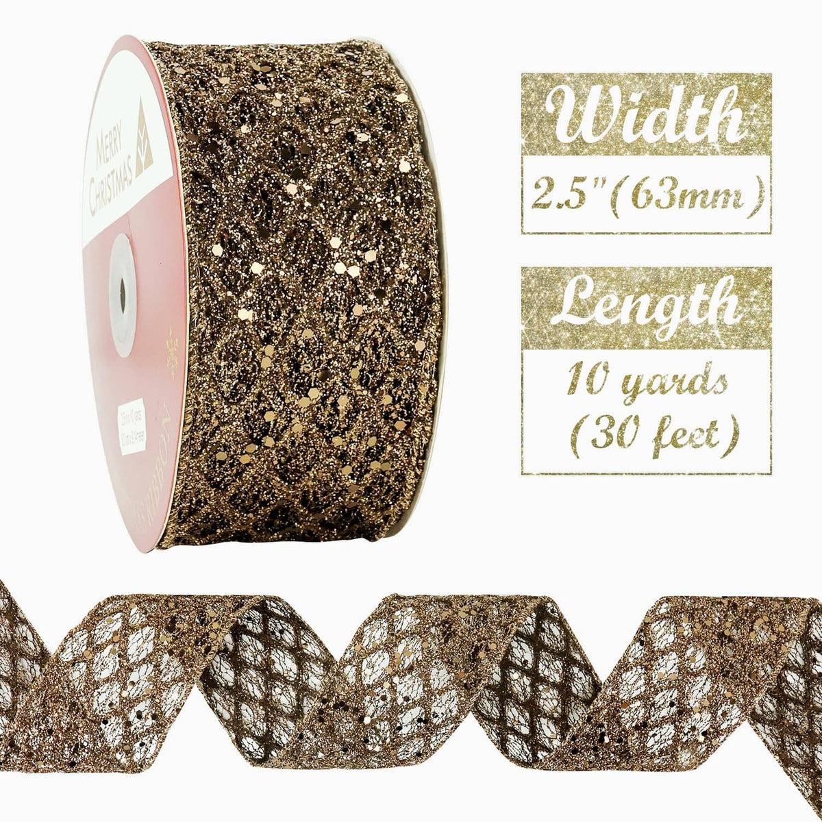 Brown glitter wired ribbon roll with 2.5 in width, sparkly copper-gold texture