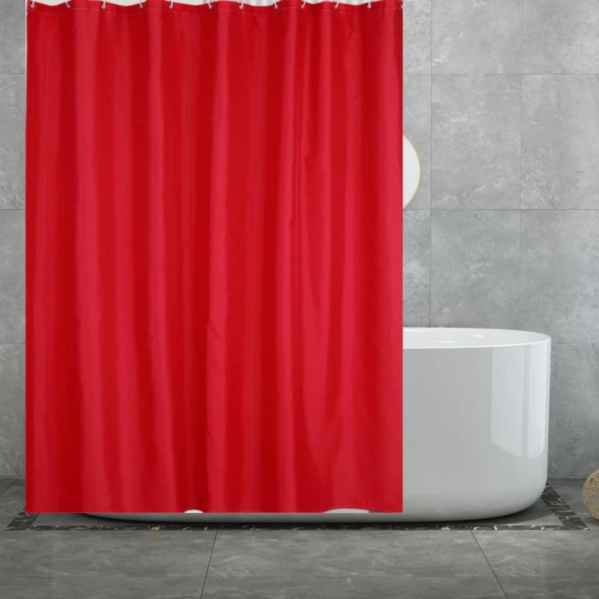 Red shower curtain liner with pleated fabric and white top header
