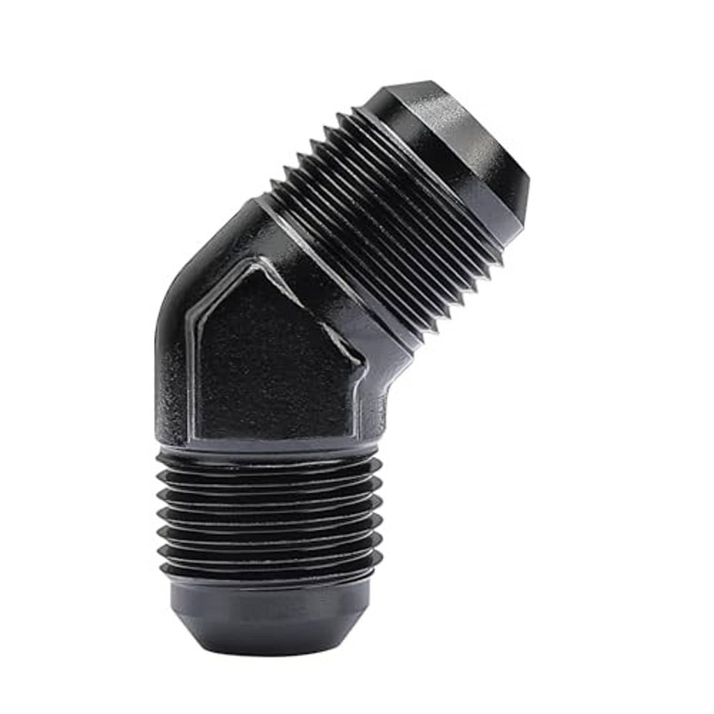 Black 45-degree elbow AN flare union fitting, close-up of male threaded ports