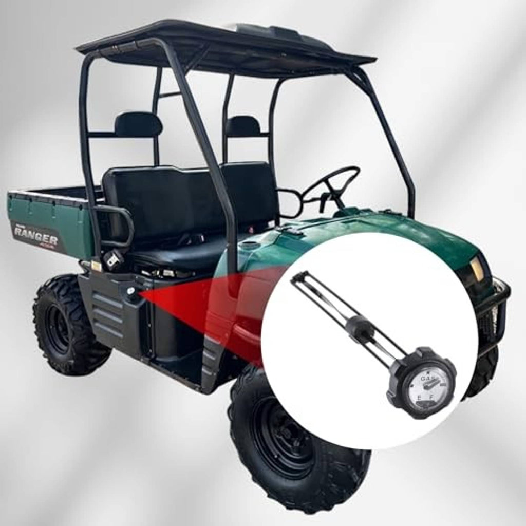 Fuel gauge gas cap with metal float rod and circular GAS meter, mounted