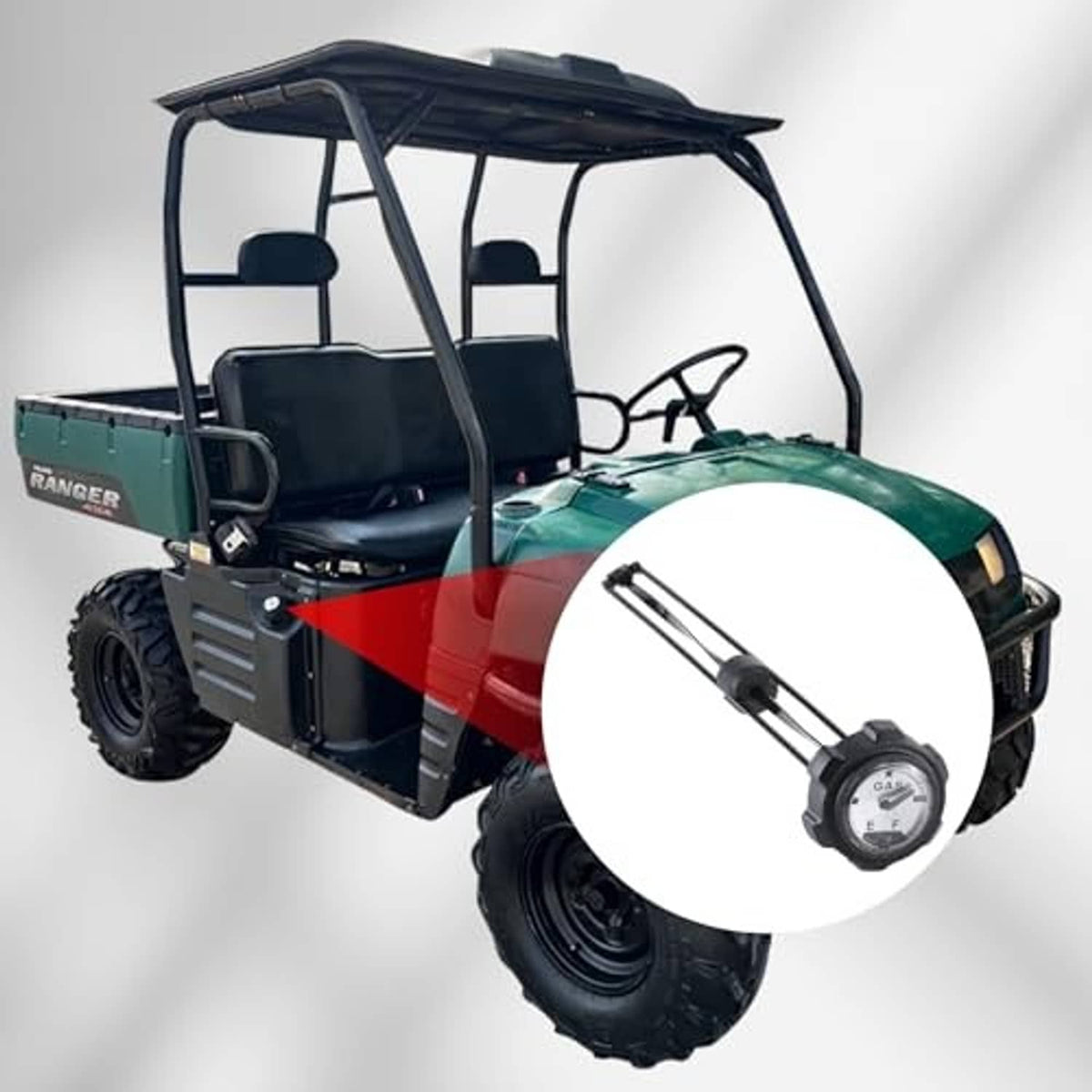 Fuel gauge gas cap with metal float rod and circular GAS meter, mounted