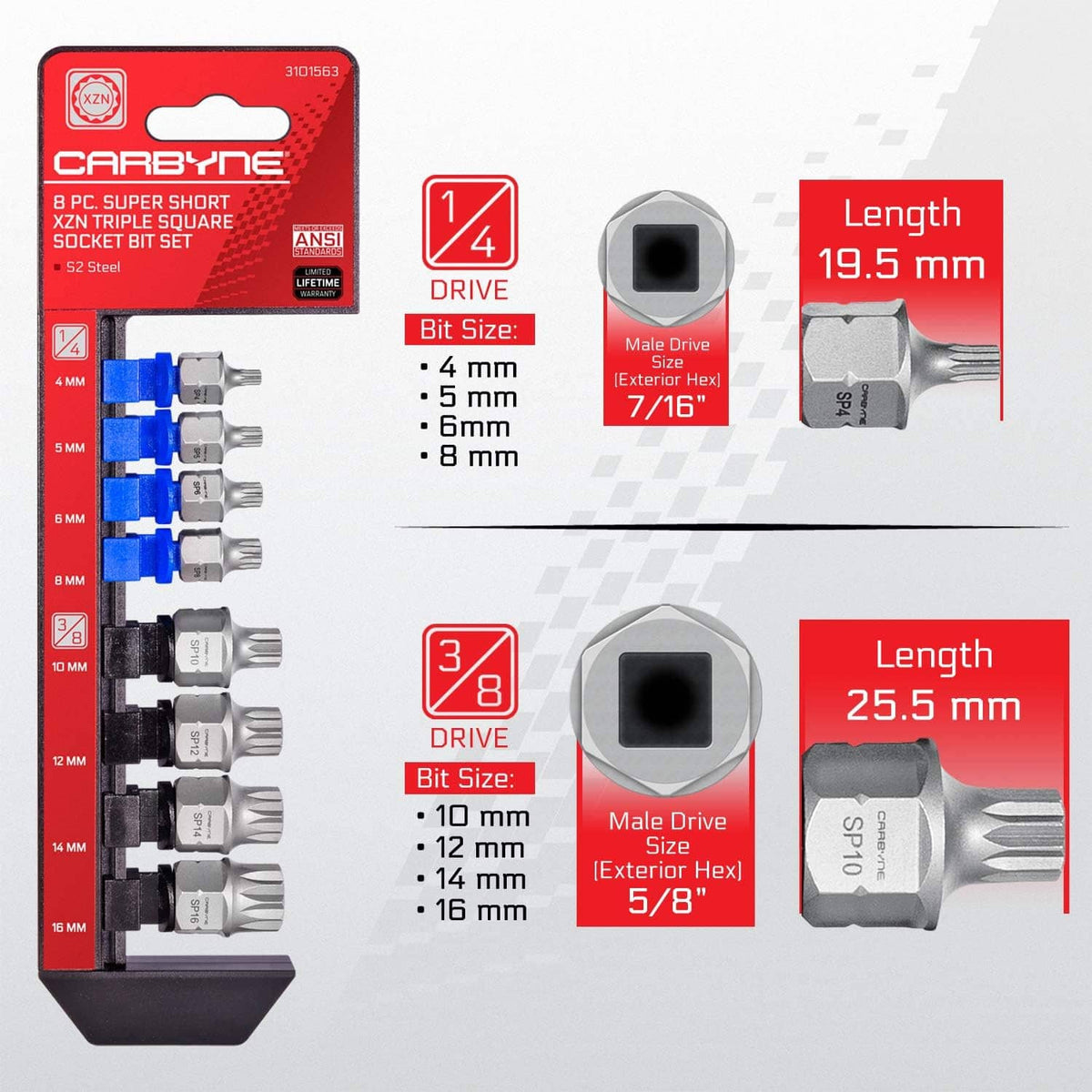 CARBYNE XZN triple-square socket bit set box showing drive sizes and bit lengths