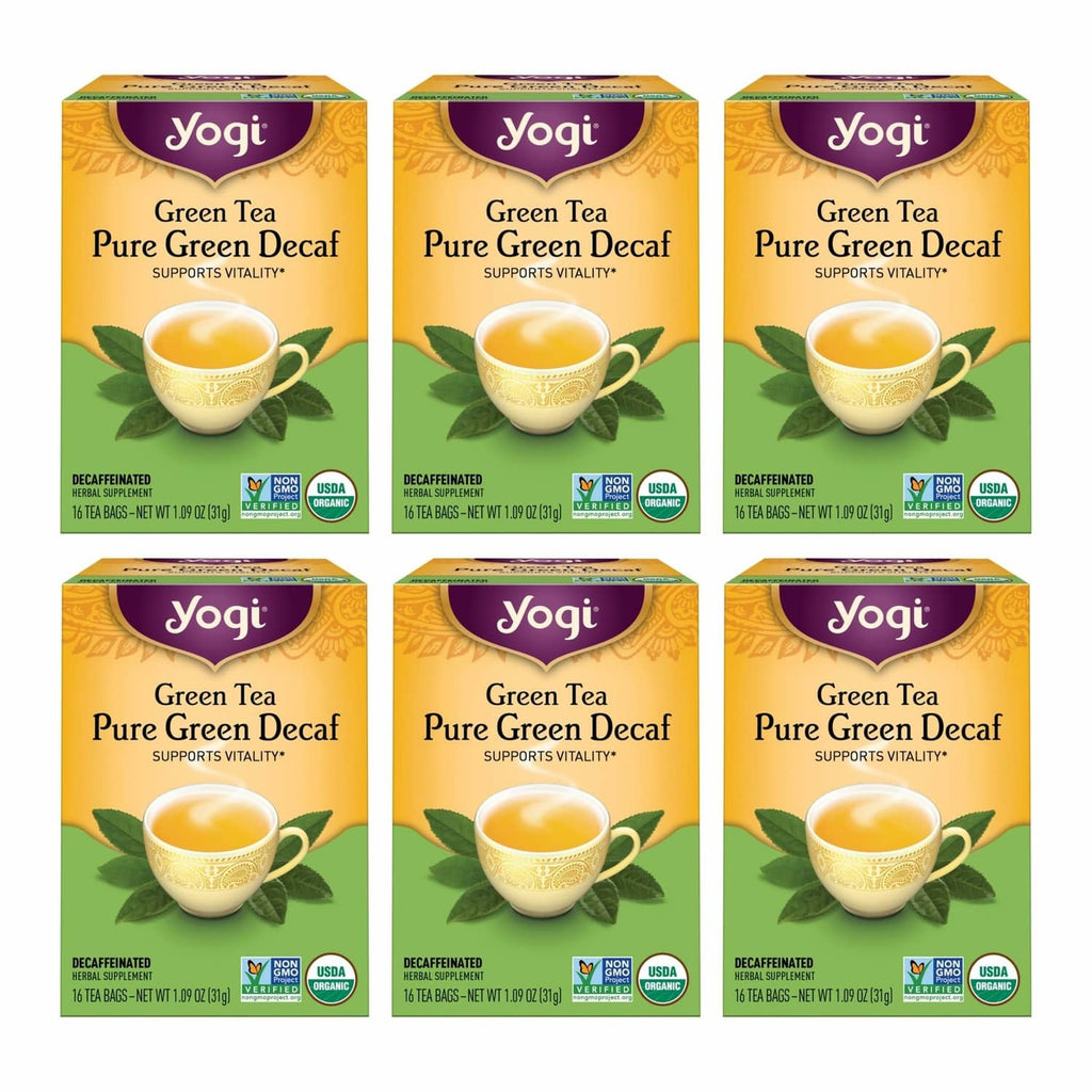 Yogi green tea decaf tea boxes, yellow 6-pack, front view