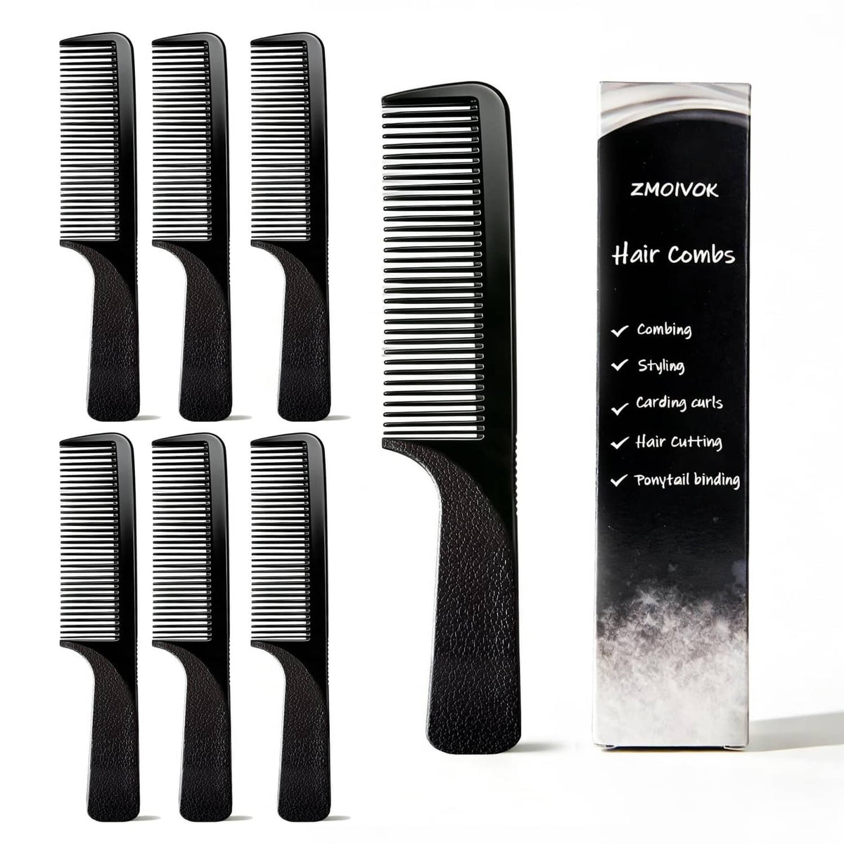 Set of 6 black barber hair combs with textured non-slip handles and fine teeth