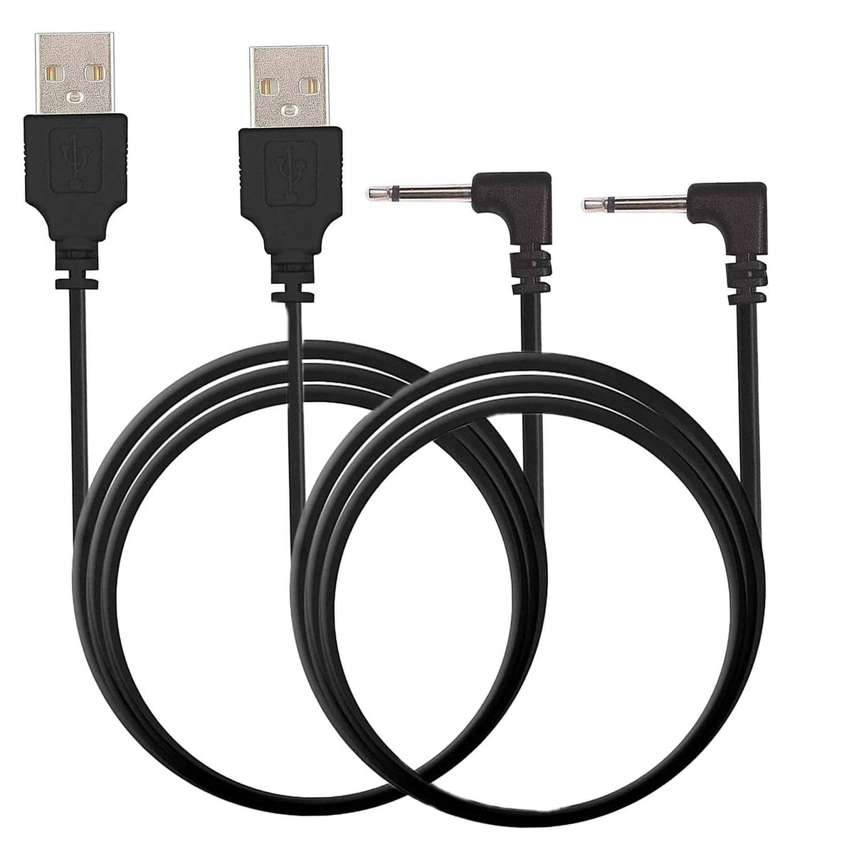 USB to barrel charger cable set with two black connectors and coiled cords
