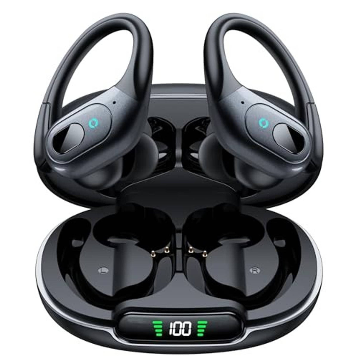 Matte black wireless earbuds and open charging case, centered front view with LED display