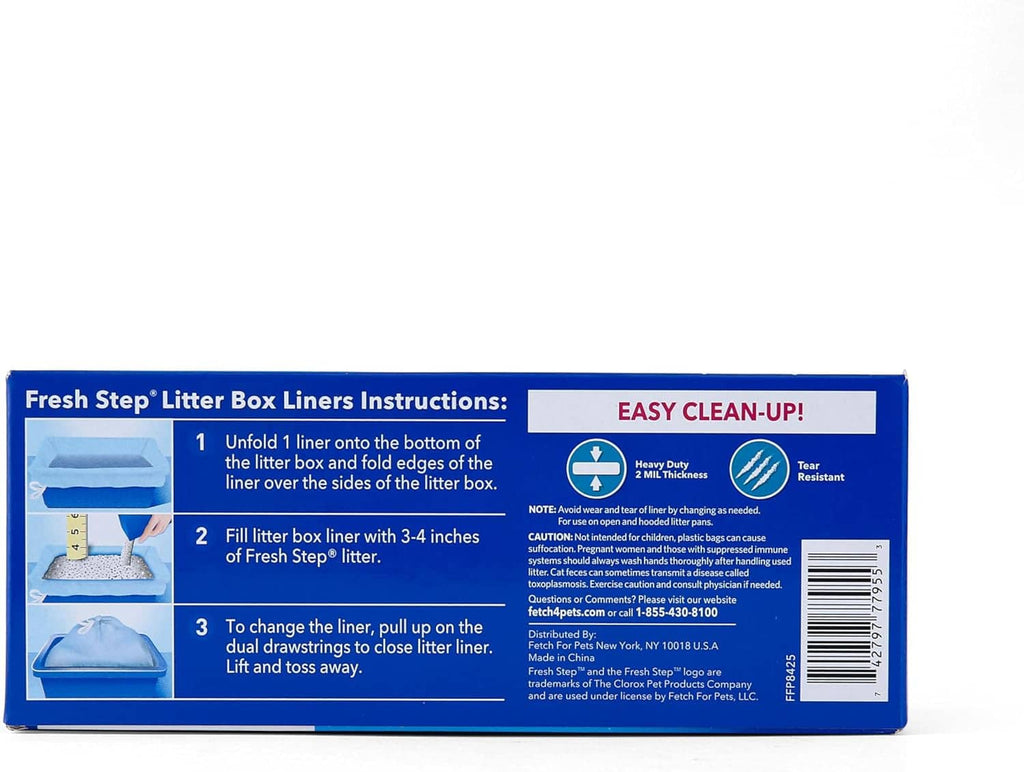 Back of Fresh Step litter box liner box with use instructions and features