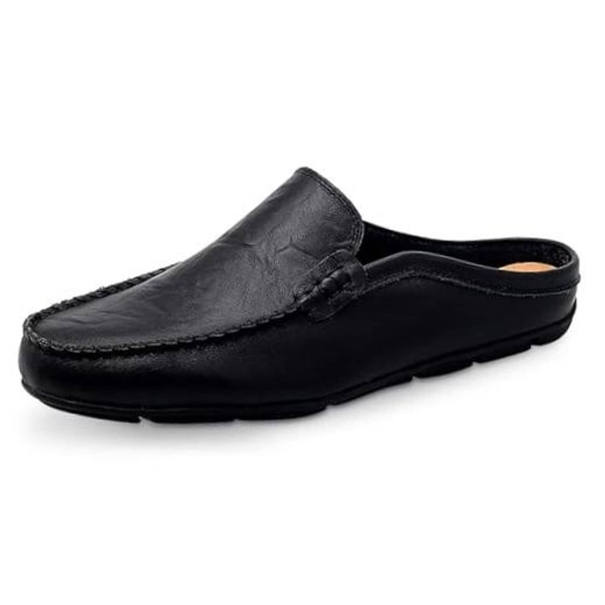 Black leather slip-on mule clog slippers, rounded toe with stitched moc detail and strap