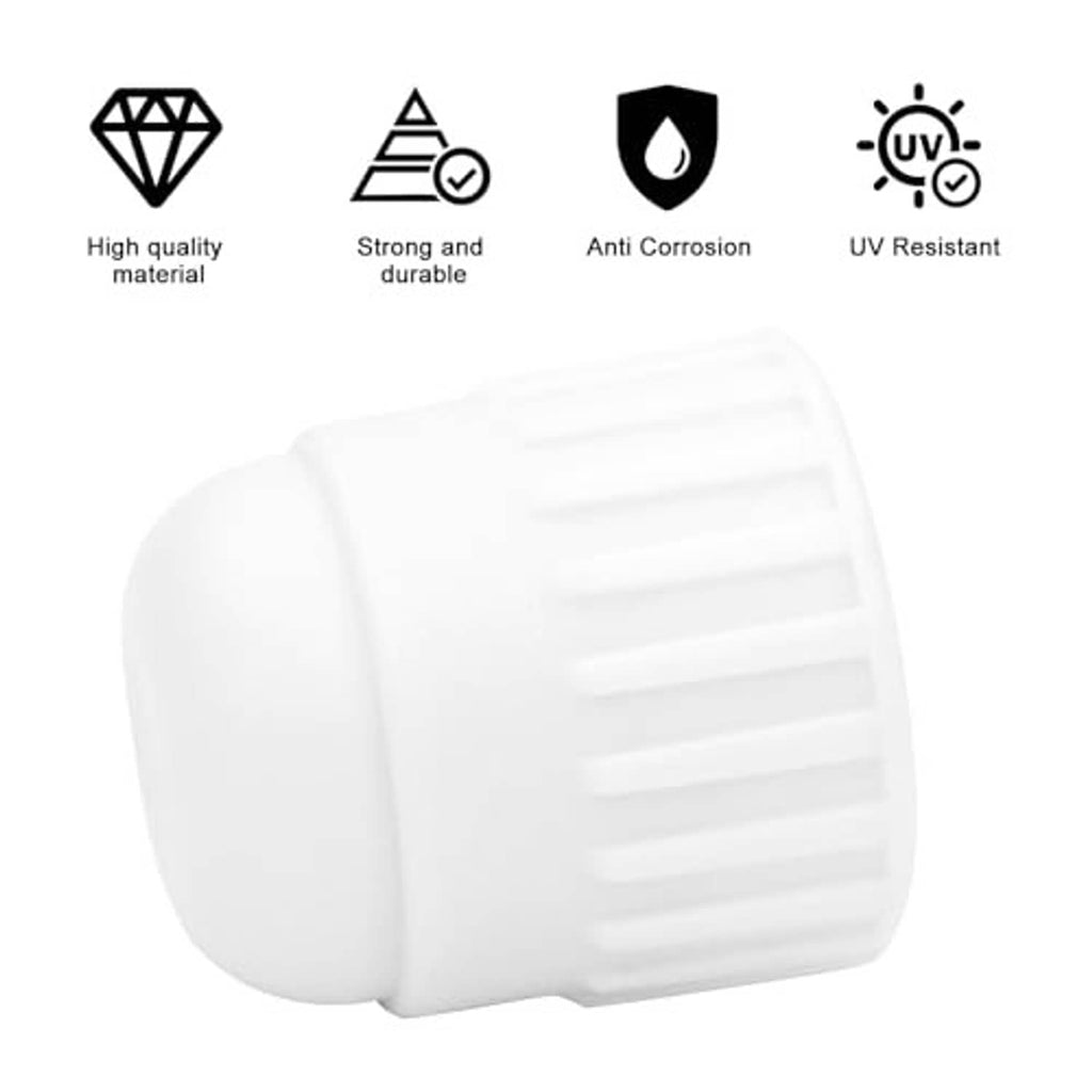 White PVC end cap plug for female-thread pipes, ribbed exterior grip, UV resistant