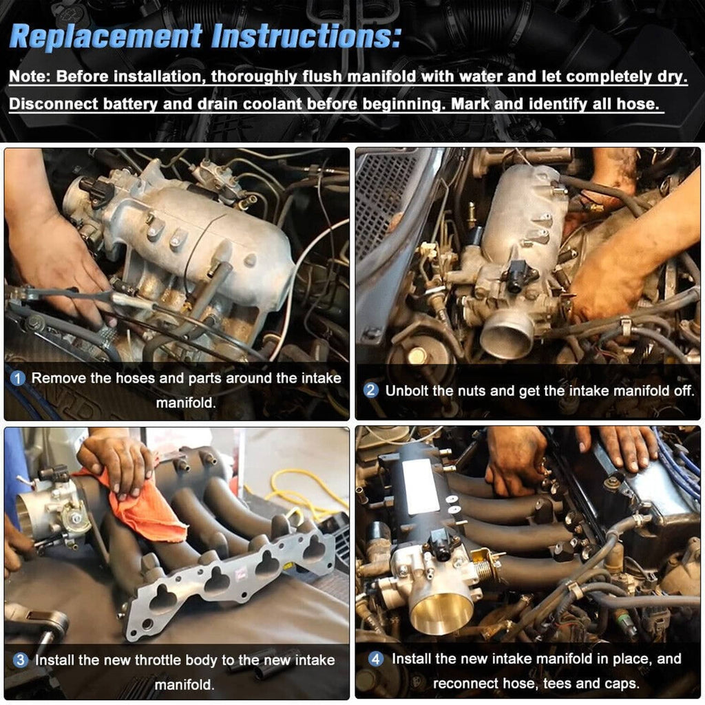 Installation steps showing intake manifold and throttle body fitting on an engine bay