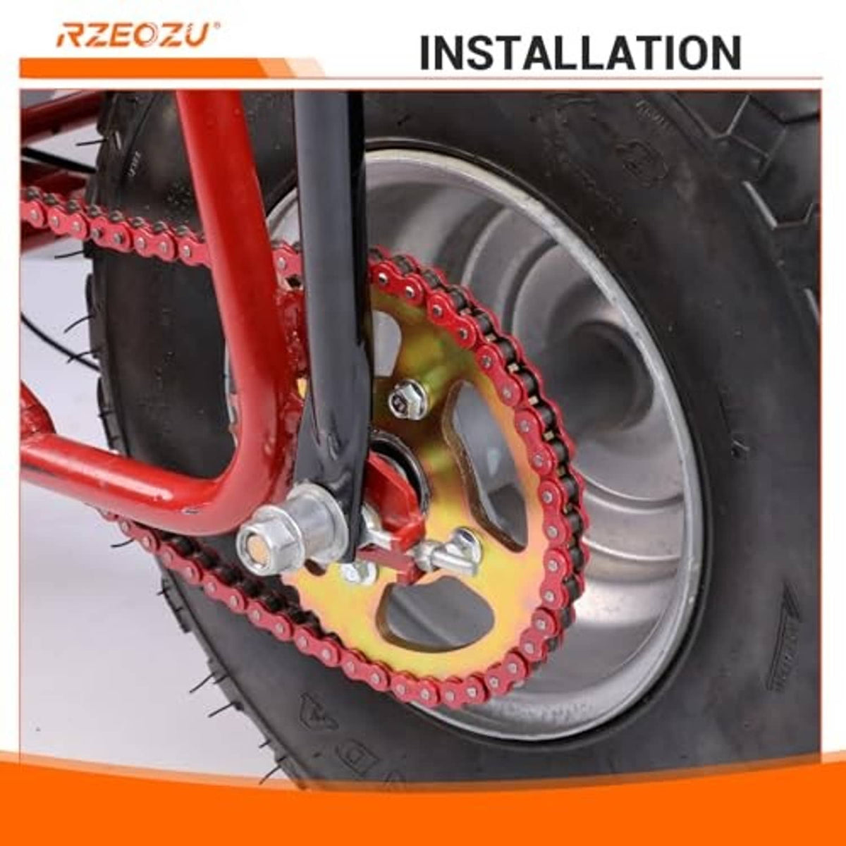Gold sprocket installed on mini bike wheel with chain drive