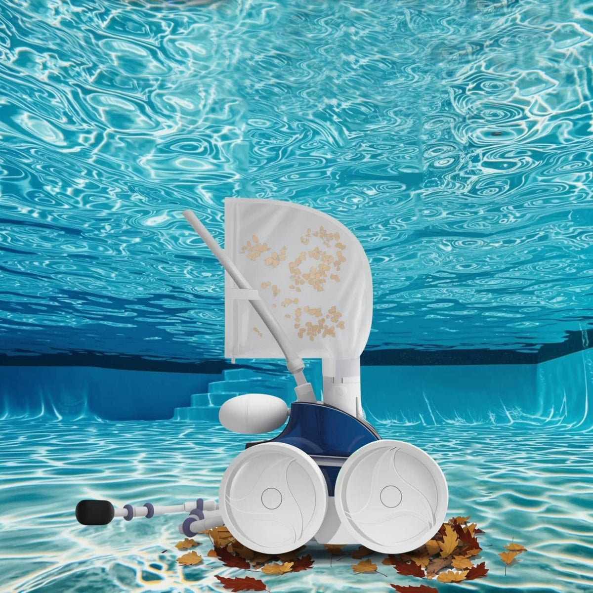 White pool cleaner replacement bag fitted on cleaner head with connector ports