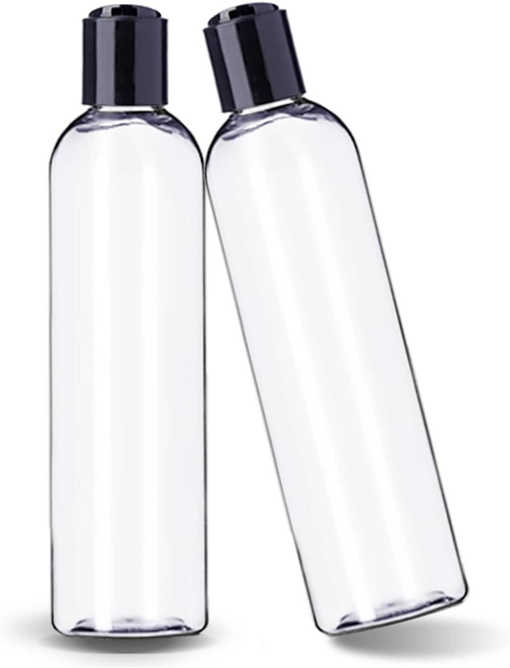 Clear plastic empty bottle with black disc top cap, angled side view, refillable container