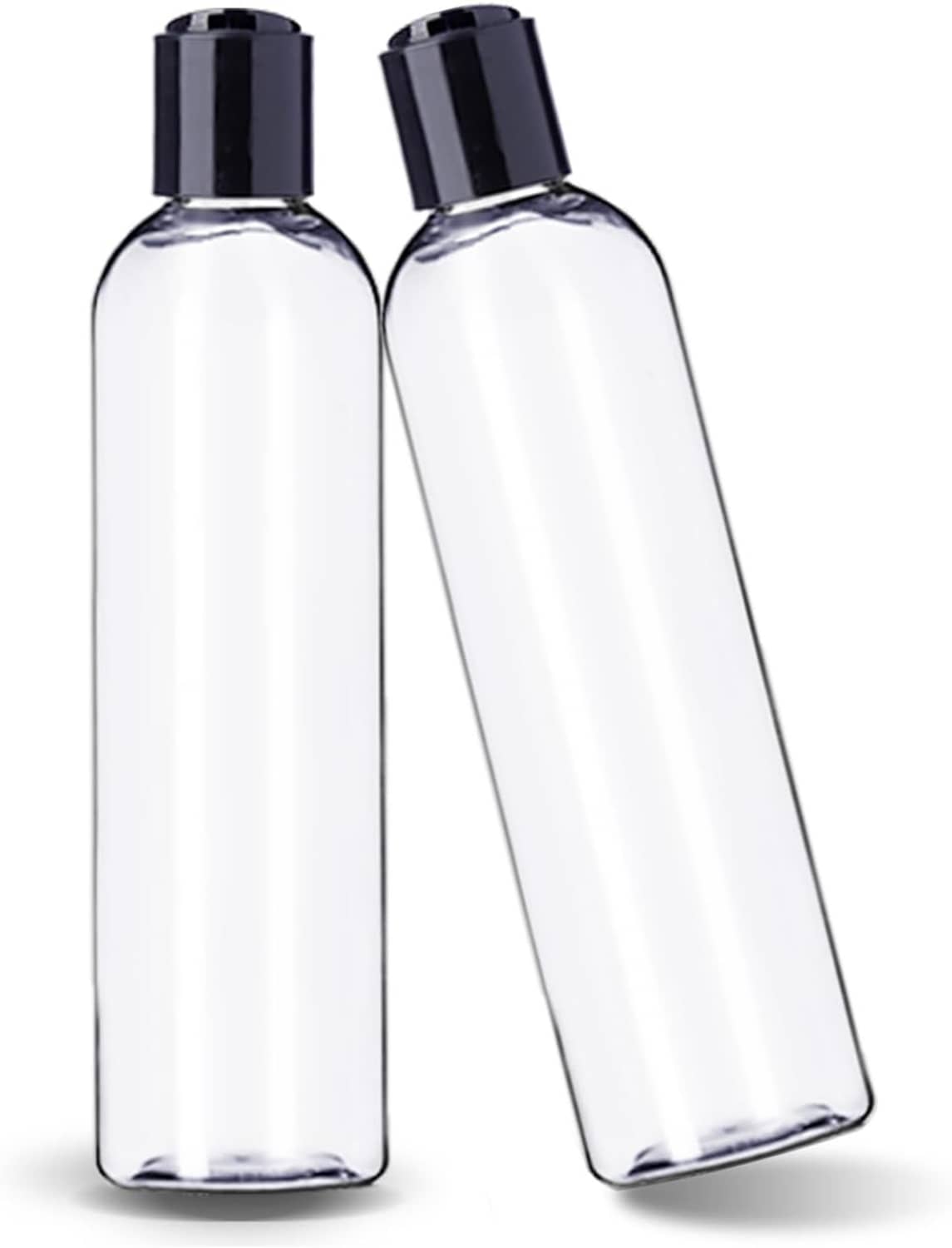 Clear plastic empty bottle with black disc top cap, angled side view, refillable container