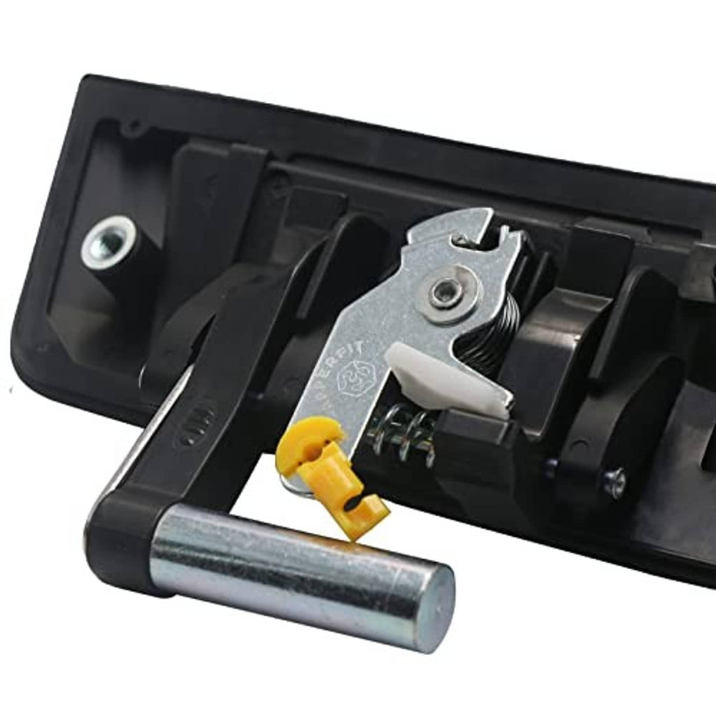 Close-up of exterior door handle latch mechanism with yellow release lever and spring