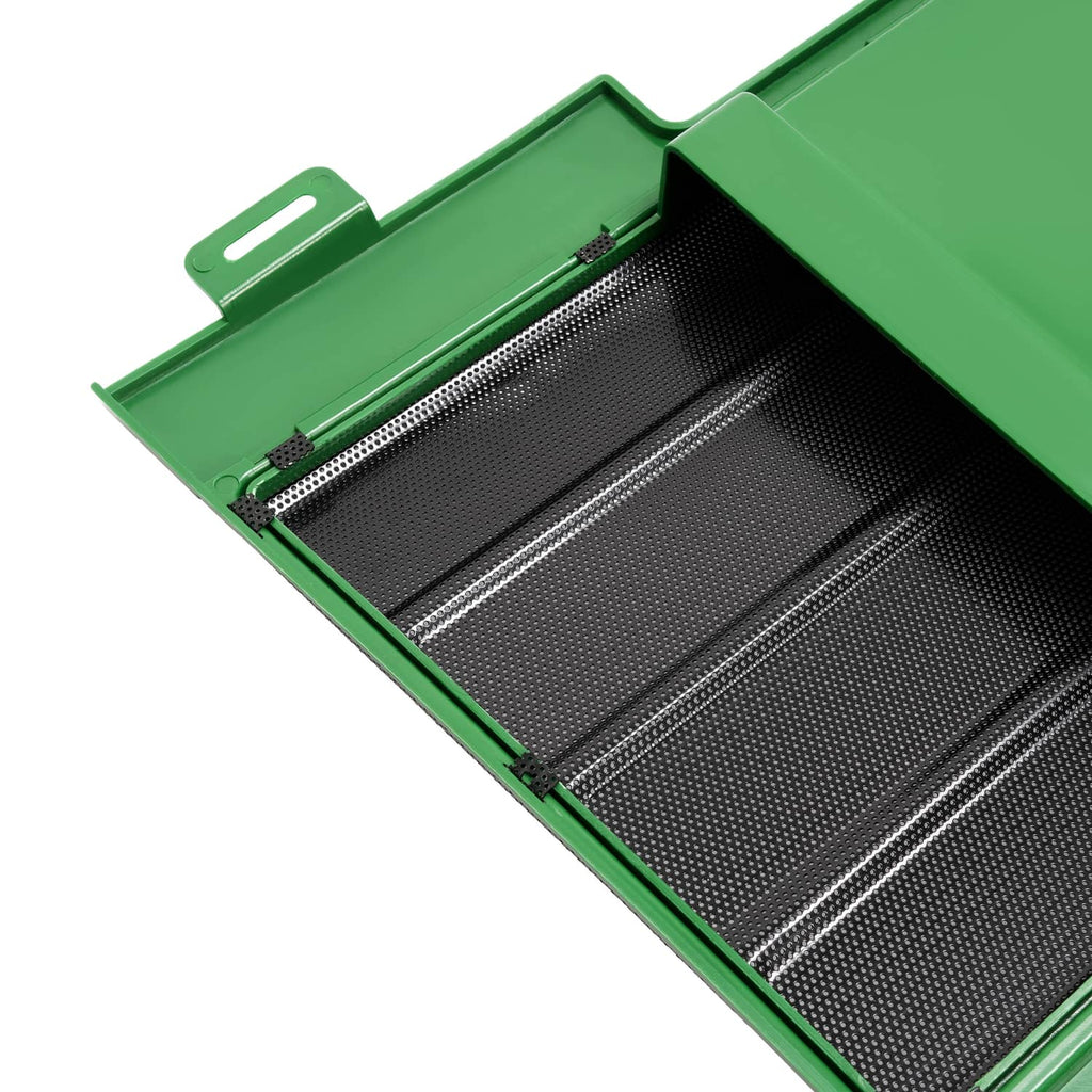 Close-up of black mesh screen inside green side panel frame