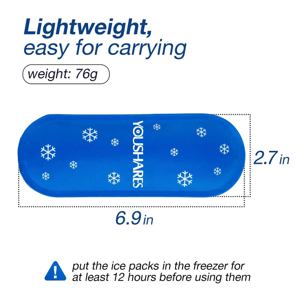 Blue oval gel ice pack, snowflake pattern, YOUSHARES logo