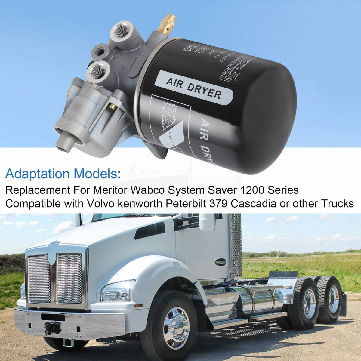 Air dryer assembly with black canister and gray bracket, angled view