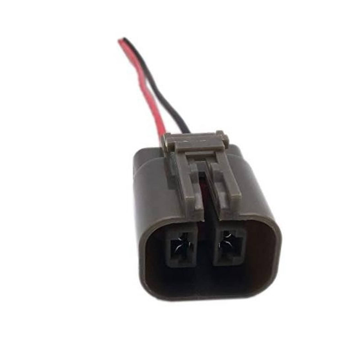 Two-pin alternator wiring pigtail connector with black/red wires, dark gray housing
