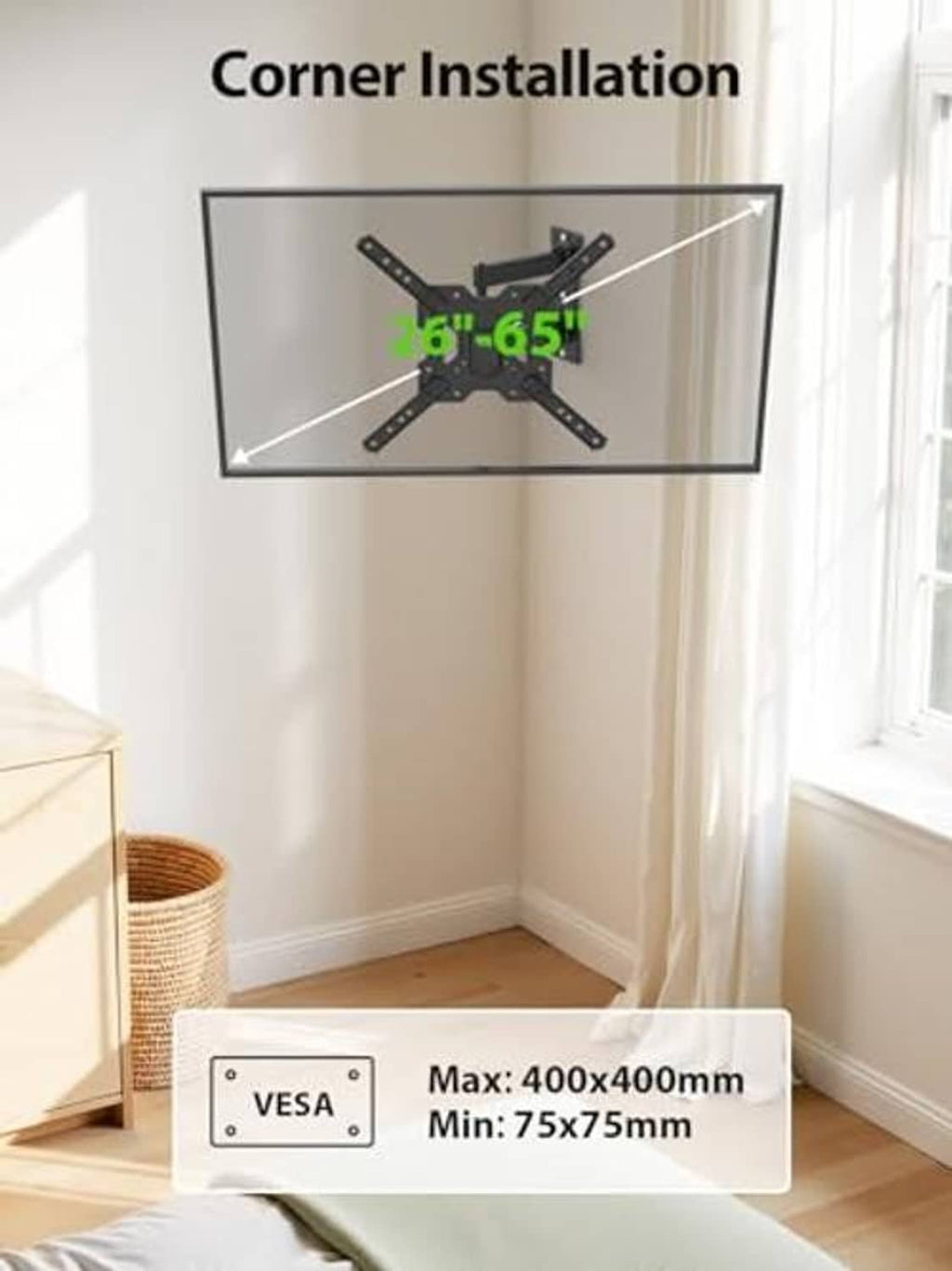 Black corner TV wall mount bracket with VESA-compatible mounting points