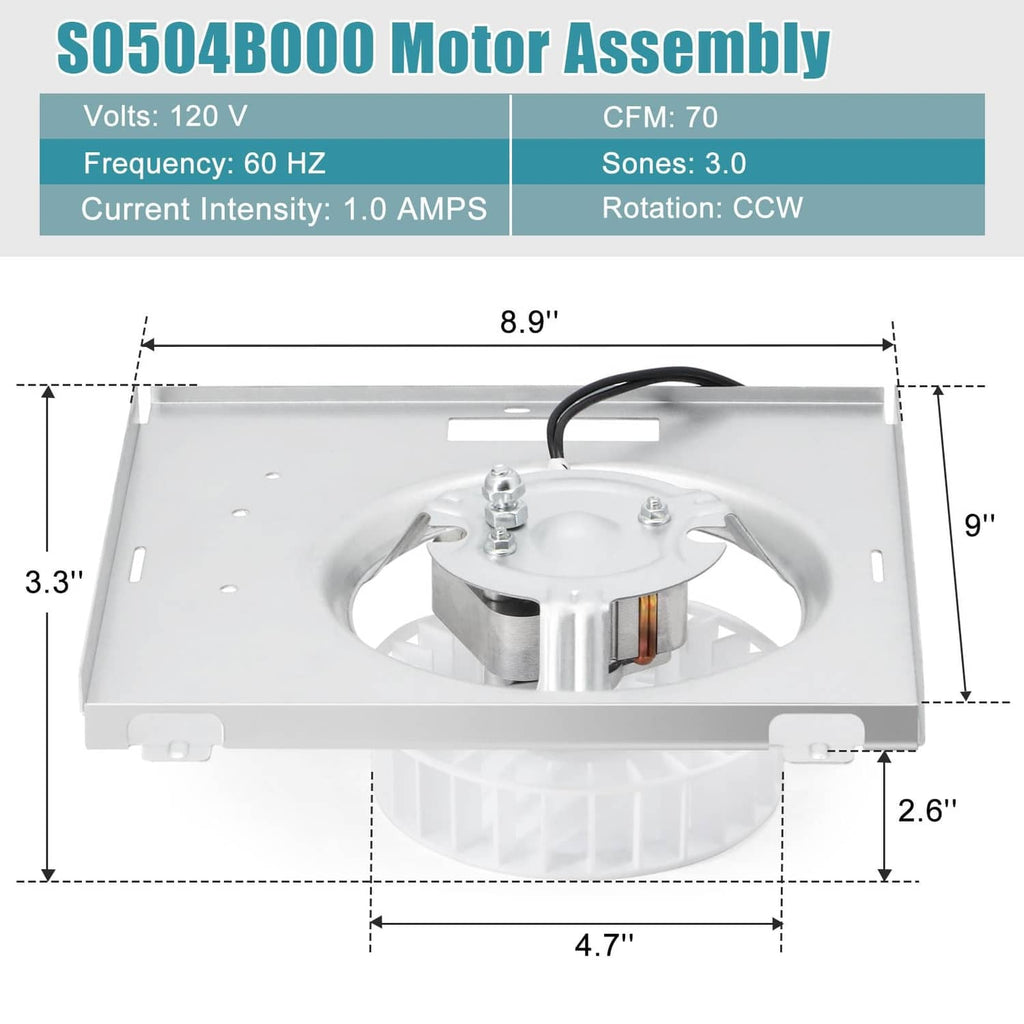 Bathroom fan motor assembly size diagram with circular fan, frame, and measurements