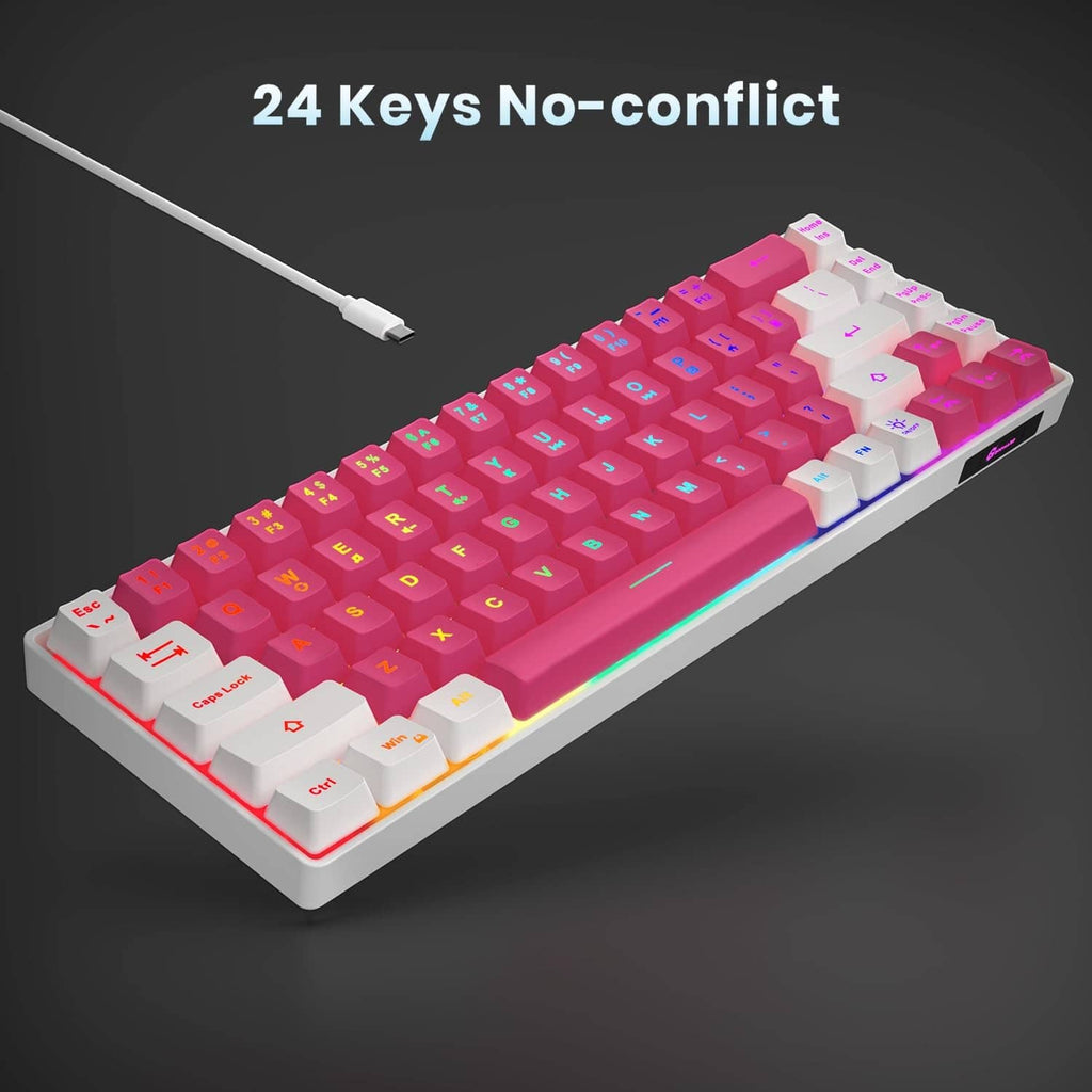 Compact wired gaming keyboard with pink keycaps and white keycaps, RGB LED glow