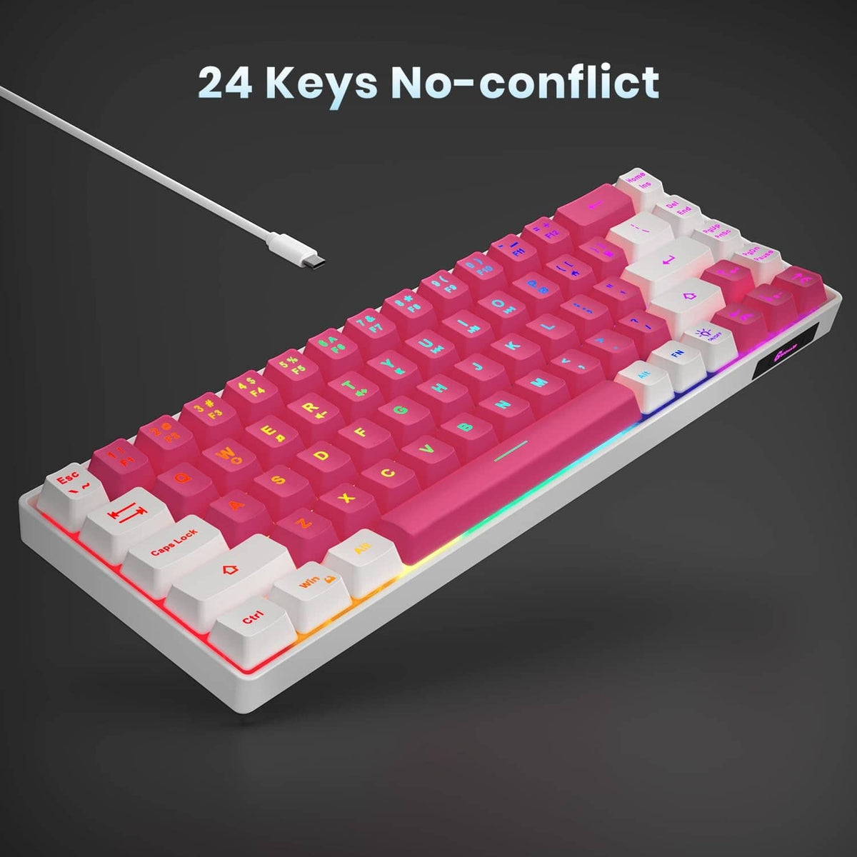 Compact wired gaming keyboard with pink keycaps and white keycaps, RGB LED glow