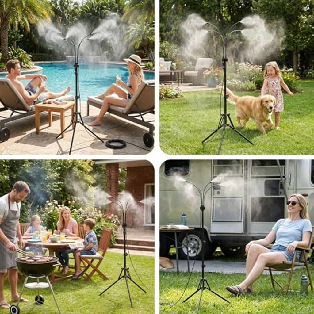 Standing misting sprinkler tripod outdoors for pool, garden, and RV patio cooling