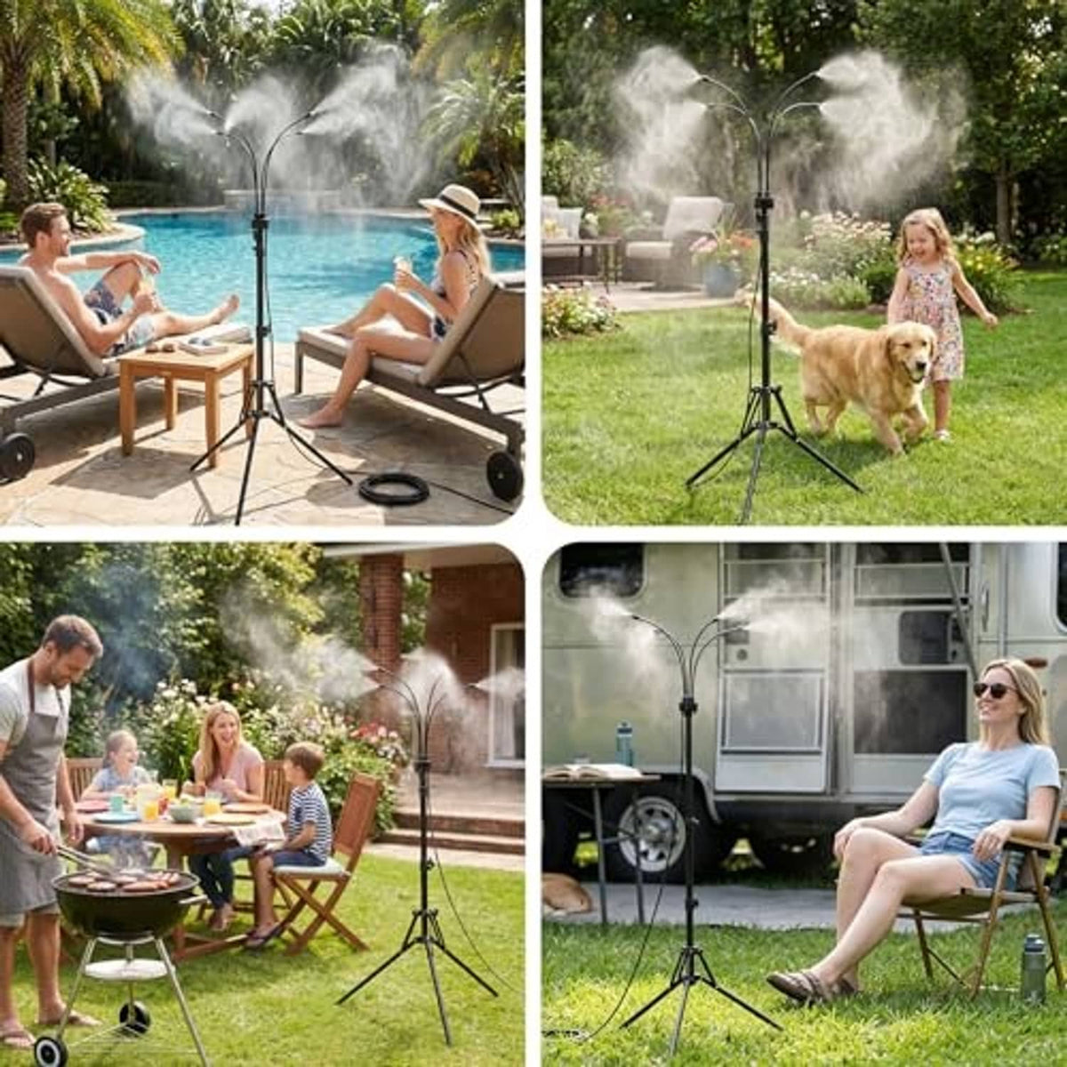 Standing misting sprinkler tripod outdoors for pool, garden, and RV patio cooling
