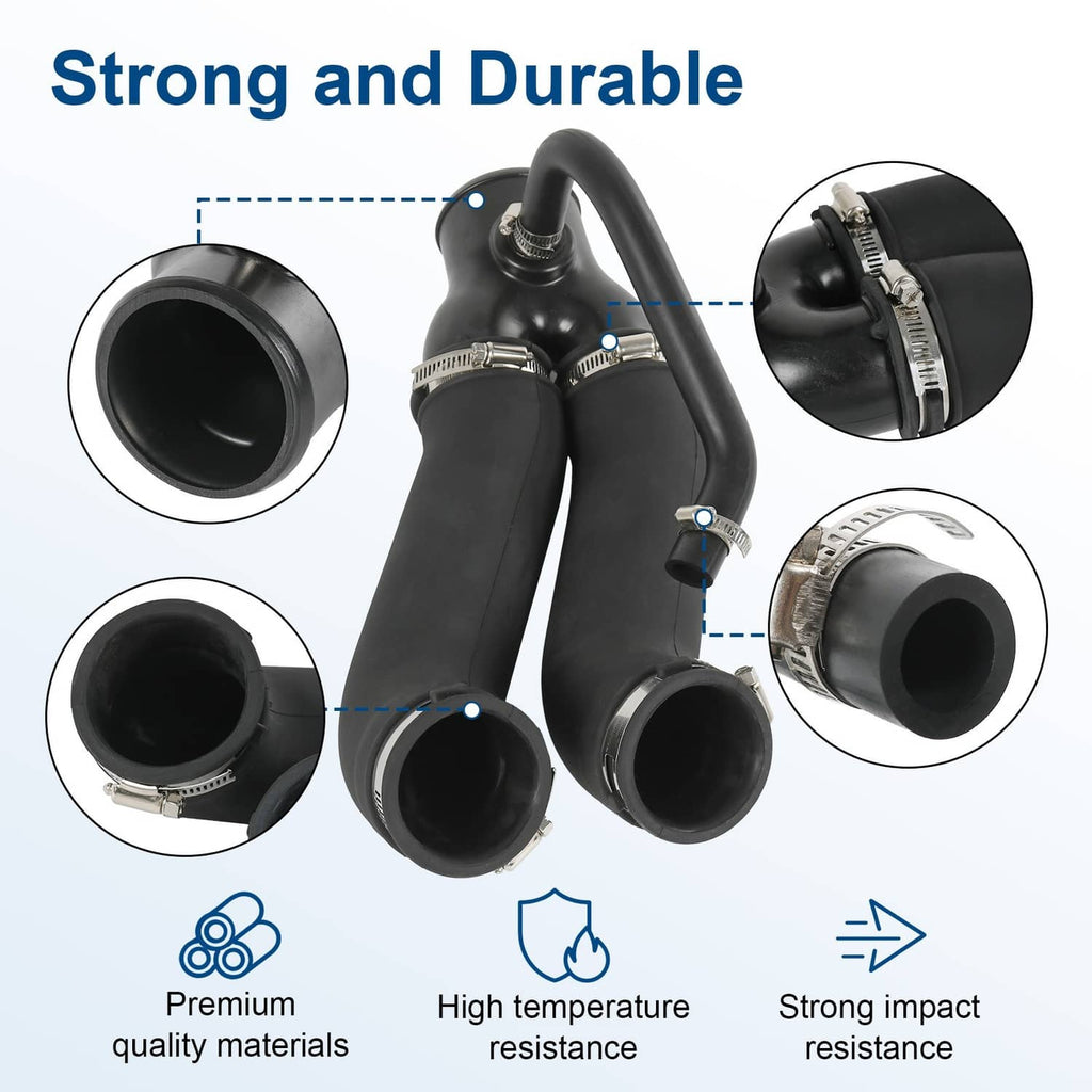 Black air intake hose with metal clamps at multiple connection points