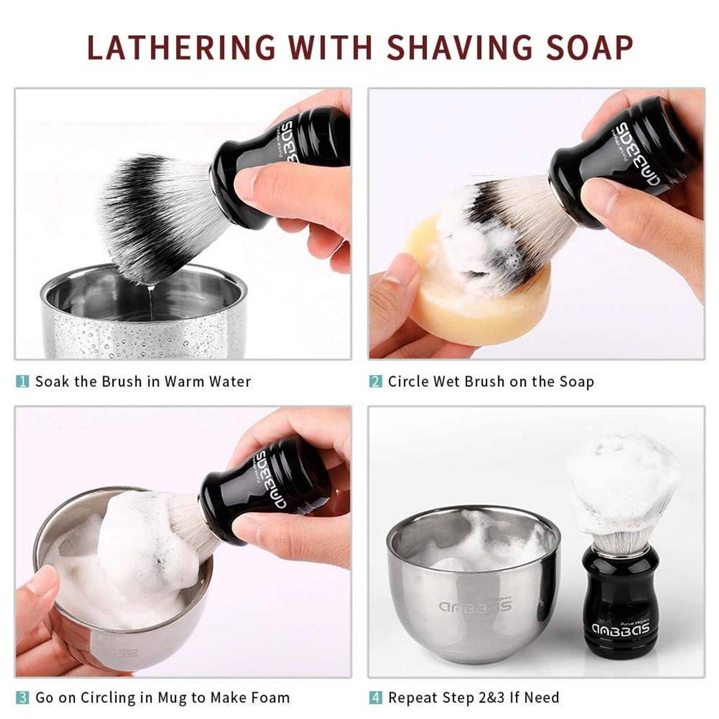 Shaving soap lathering steps showing brush swirling in a bowl and on the soap