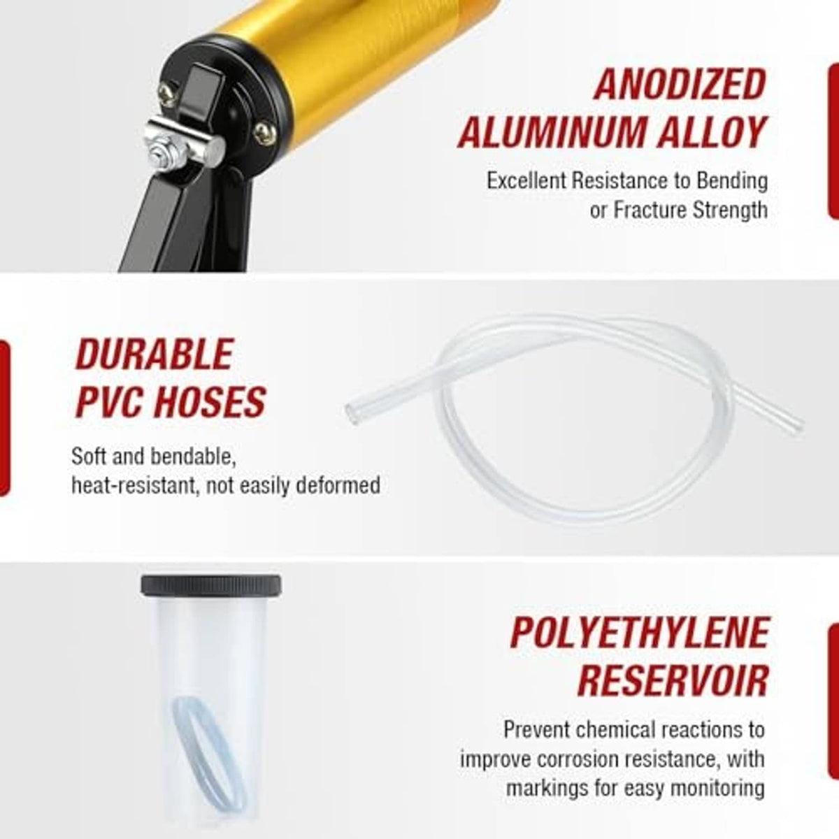 Gold anodized aluminum vacuum pump with durable PVC hoses and reservoir